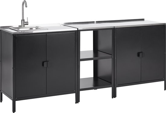 VILAMA - Tuin kookeiland met keukenkast en spoelbak - Zwart - RVS