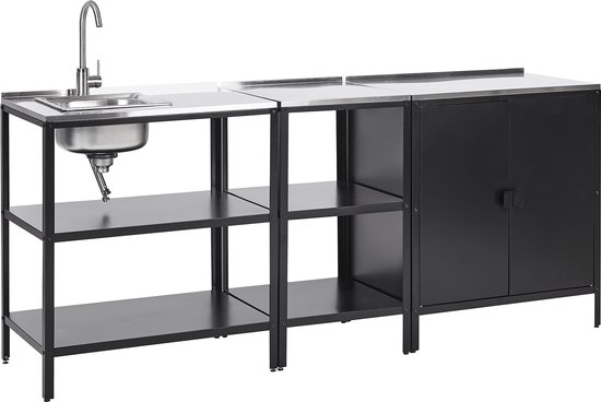 VILAMA - Tuin kookeiland met spoelbak - Zwart - 3-delig - RVS