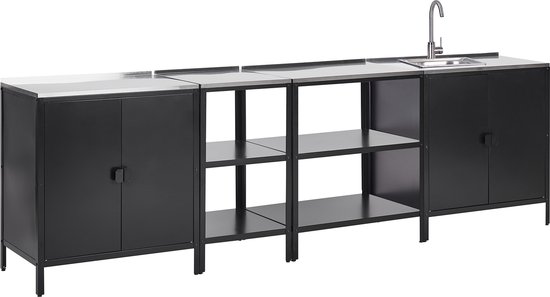VILAMA - Tuin kookeilanden met keukenkasten - Zwart - 4-delig - RVS