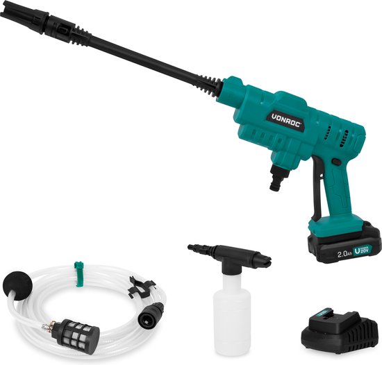 VONROC Accu drukreiniger 20V – 24bar – 198 l/h - Incl. 5m aanzuigslang, reinigingsmiddelenfles en regelbare spuitmond – Incl. 2.0Ah Accu en Snellader van Vonroc