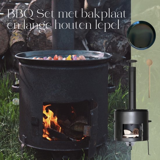 VUUR LAB.® BBQ Buiten kookkachel-set Ø36 met bakplaat en houten lepel van VUUR LAB.®