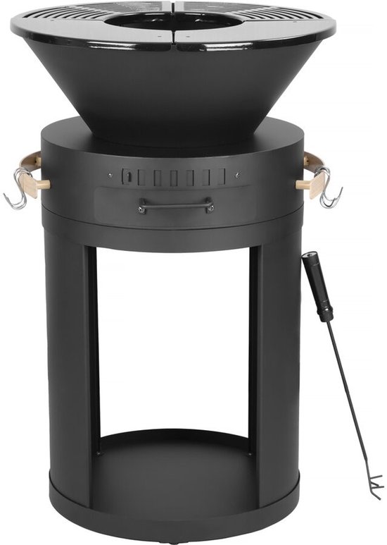 Vuurschaal BBQ brasero barbecue plancha houtskool en hout - 49 x 49 x 92 cm - Zwart van Perel