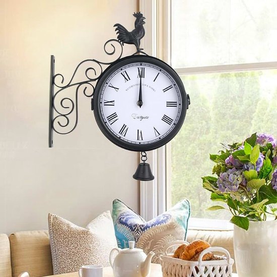 Wandklok, antieke stijl, dubbelzijdige stationsklok, metaal, rond, hangklok, outdoor, decoratief, 30 x 9 x 37 cm, voor tuin, gangen, veranda, station