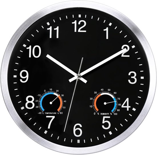 Wandklok van 30 cm, weerbestendig, met thermometer en hygrom, tuinklok, niet tikkend, stil, kwarts, batterijvoeding, grote klok voor tuin, badkamer (zwart)