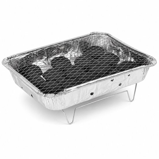 WDMT Wegwerpbarbecue 31 x 25 cm – Complete Eenmalige BBQ met Houtskool en Grillrooster – Draagbare Tafelbarbecue voor Camping, Festival, Strand, Picknick & Vakantie – Zilver