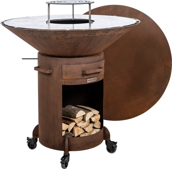 WELDED BARREL 1000 Barbecue Vuurschaal - bbq cortenstaal - houtgestookt - standaard met wielen, aslade, stookrooster - regelbare luchttoevoer onder in vuurschaal waardoor veel minder last van rook, afdekplaat van Merkloos
