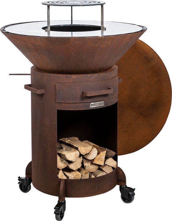 WELDED BARREL 800 Barbecue Vuurschaal - bbq cortenstaal - houtgestookt - standaard met wielen, aslade, stookrooster - regelbare luchttoevoer onder in vuurschaal waardoor veel minder last van rook van Merkloos