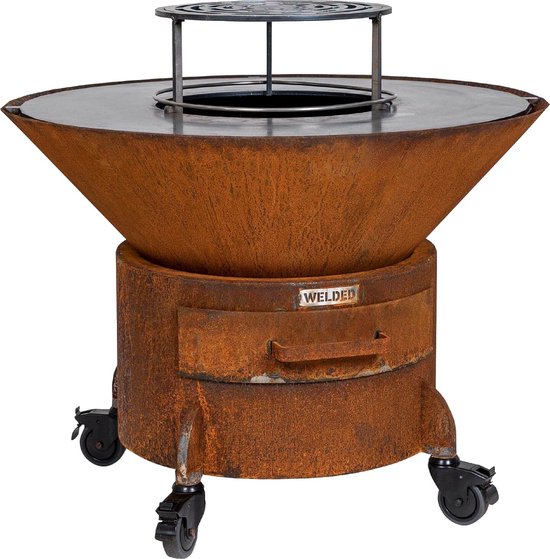 WELDED DRUM 800 Barbecue Vuurschaal - BBQ Lounge - cortenstaal - houtgestookt-standaard met wielen, aslade, regelbare luchttoevoer onder in vuurschaal waardoor veel minder last van rook, afdekplaat