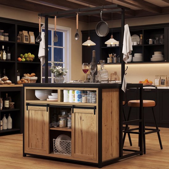 Wishdor Keukeneiland met werkblad en stopcontact - Opbergrek met schuifdeuren - Houtlook en zwart metaal - 107 x 62 x 183 cm