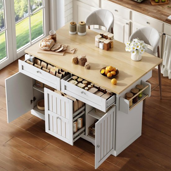 Wishdor Keukenisland op wielen - Klapbare werkbladverlenging - Opbergkast met lades - MDF - Naturel en wit - 120 x 70 x 92 cm