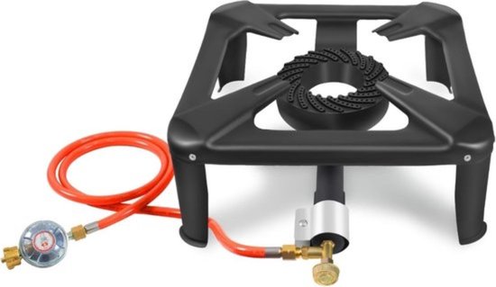 Wokbrander - Kookbrander - Wok Brander – Met 1.5 Meter Slang en 50mbar drukregelaar - Propaan/Gas - Voor Buiten – 4 Potige Gaskoker - Camping Kooktoestel – Zwart van Buccan