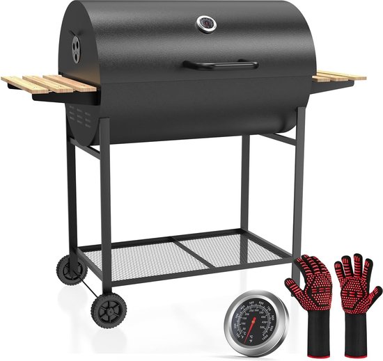 XXL grillwagen, BBQ rookoven, houtskoolgrill met deksel, houtskool grill grillhaard staande grill rookoven accessoires, met grillhandschoenen van Merkloos