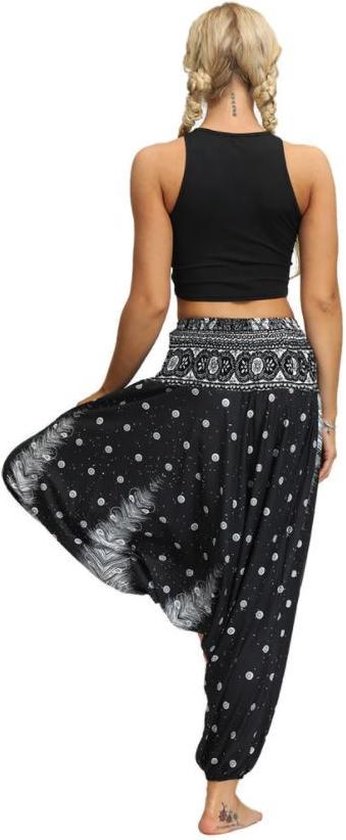 yoga pants - loose women high waist - Boho Jumpsuit Harem Pants gym - Zwart Wit - Maat M van Haibu Yoga.