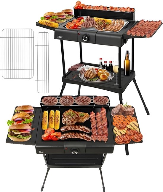 Zilan Staande Elektrische Barbecue – 2400W BBQ met Waterbak, Windscherm & 2 Zijtafels – In Hoogte Verstelbaar Grillrooster van Merkloos