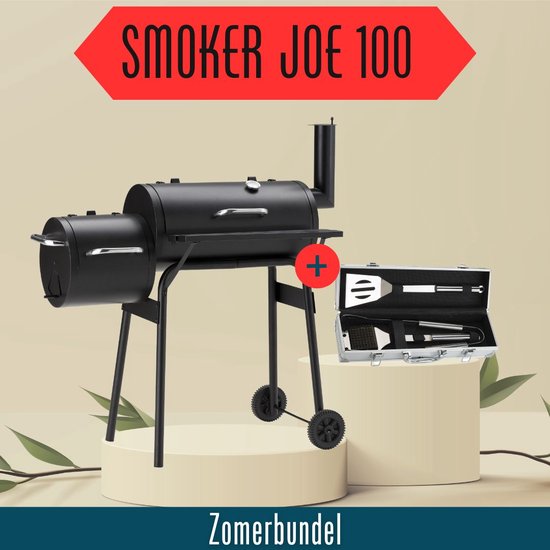 Zomerbundel Landmann Smoker Joe 100 Zwart - Met Gereedschapskoffer - Met thermometer - Met deksel - Met werkblad - Met wielen - Met bestek - Rookoven - Houtskool Barbecue - Charcoal grill - Amerikaanse look - van Merkloos