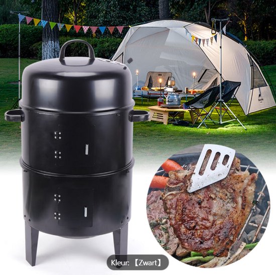Zwaar-Duty 3-in-1 Houtskool Rookoven BBQ Grill met Thermometer - 2-Lagen Buiten/Kookstation, Gietijzer - Compleet met Rookoven - Grill & voor Terras - Camping - Achtertuin (Geen Montage van Onderdelen) van Merkloos