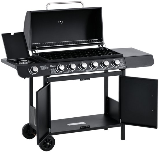 Zwarte metalen mobiele gasgrill met zeven branders 135 bij 50 bij 100 cm Voor tuin buiten